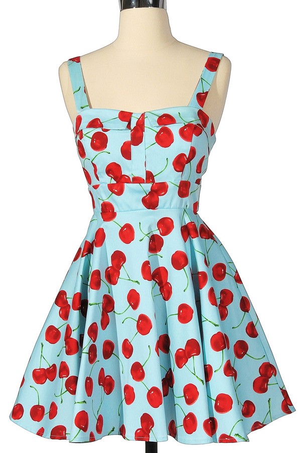 Cheerful Cherry Blue Printed Fit and Flare Dress